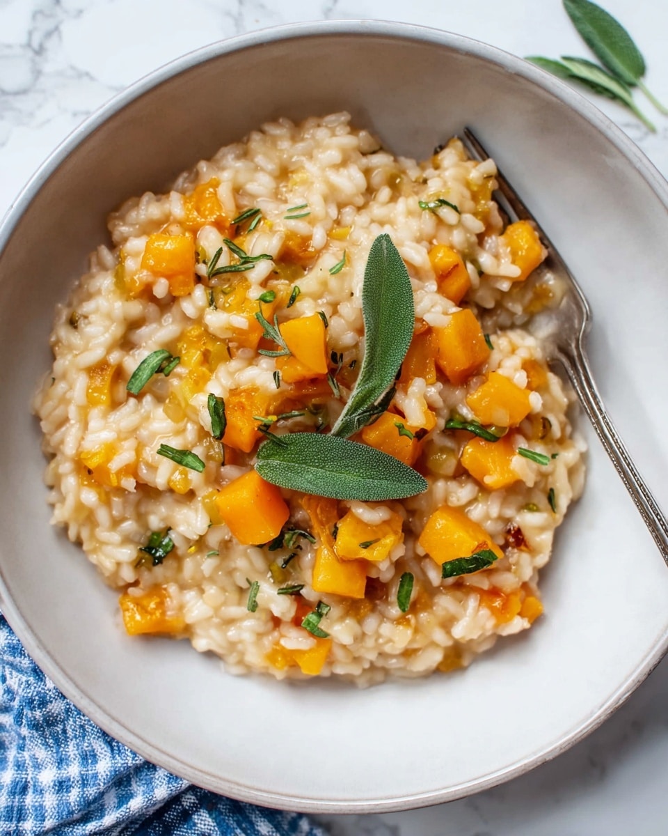 Two white bowls filled with creamy risotto that has small diced orange pumpkin pieces mixed in. The risotto is light brown with a thick, soft texture, topped with green sage leaves and small bits of chopped fresh parsley scattered over it. Each bowl has a silver fork resting inside, one fork lying flat while the other is placed at an angle. The bowls sit on a white marbled surface, near a wooden pepper grinder and a small silver grater holding a block of hard cheese. A blue and white checkered cloth is casually placed beside the bowls. Photo taken with an iphone --ar 4:5 --v 7