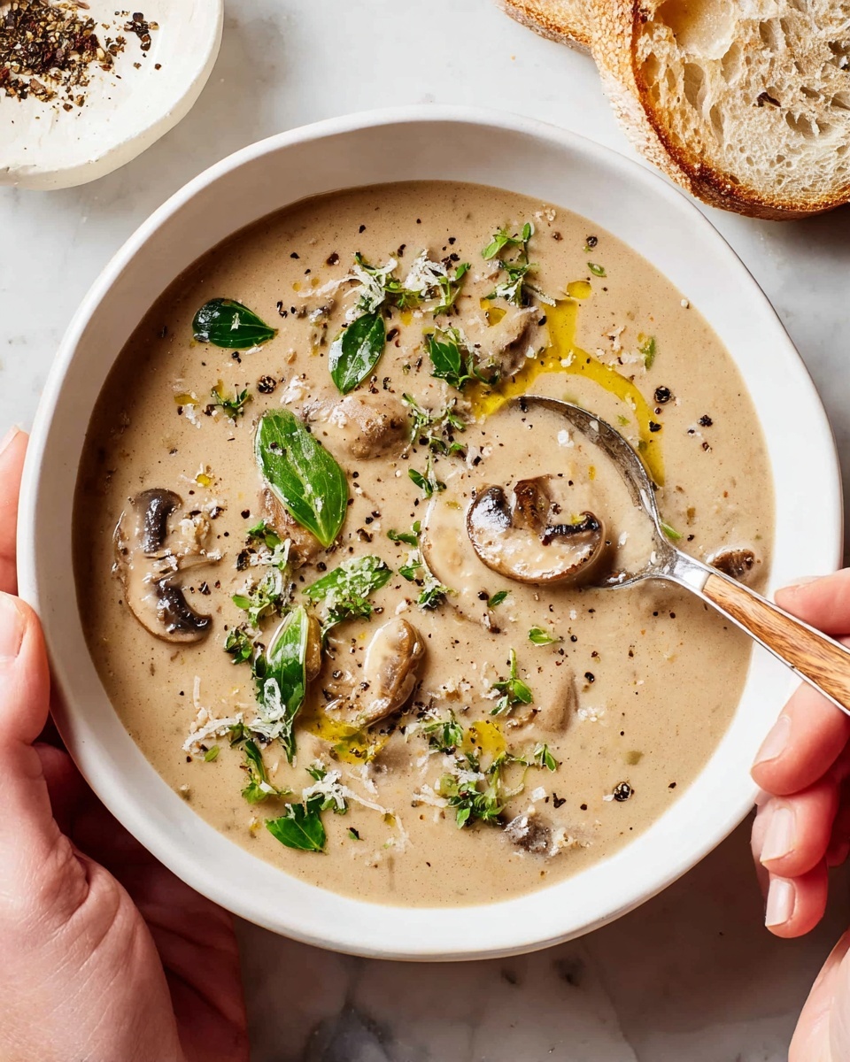 A white bowl filled with creamy mushroom soup, showing visible pieces of brown mushrooms floating throughout the light beige soup. On top, there are small droplets of golden oil, chopped green herbs, and a swirl of cream adding a soft white contrast. A woman's hand holds a wooden-handled spoon partly dipped into the soup, ready to scoop. The background is a white marbled surface with a few scattered green herb sprigs. Photo taken with an iphone --ar 4:5 --v 7