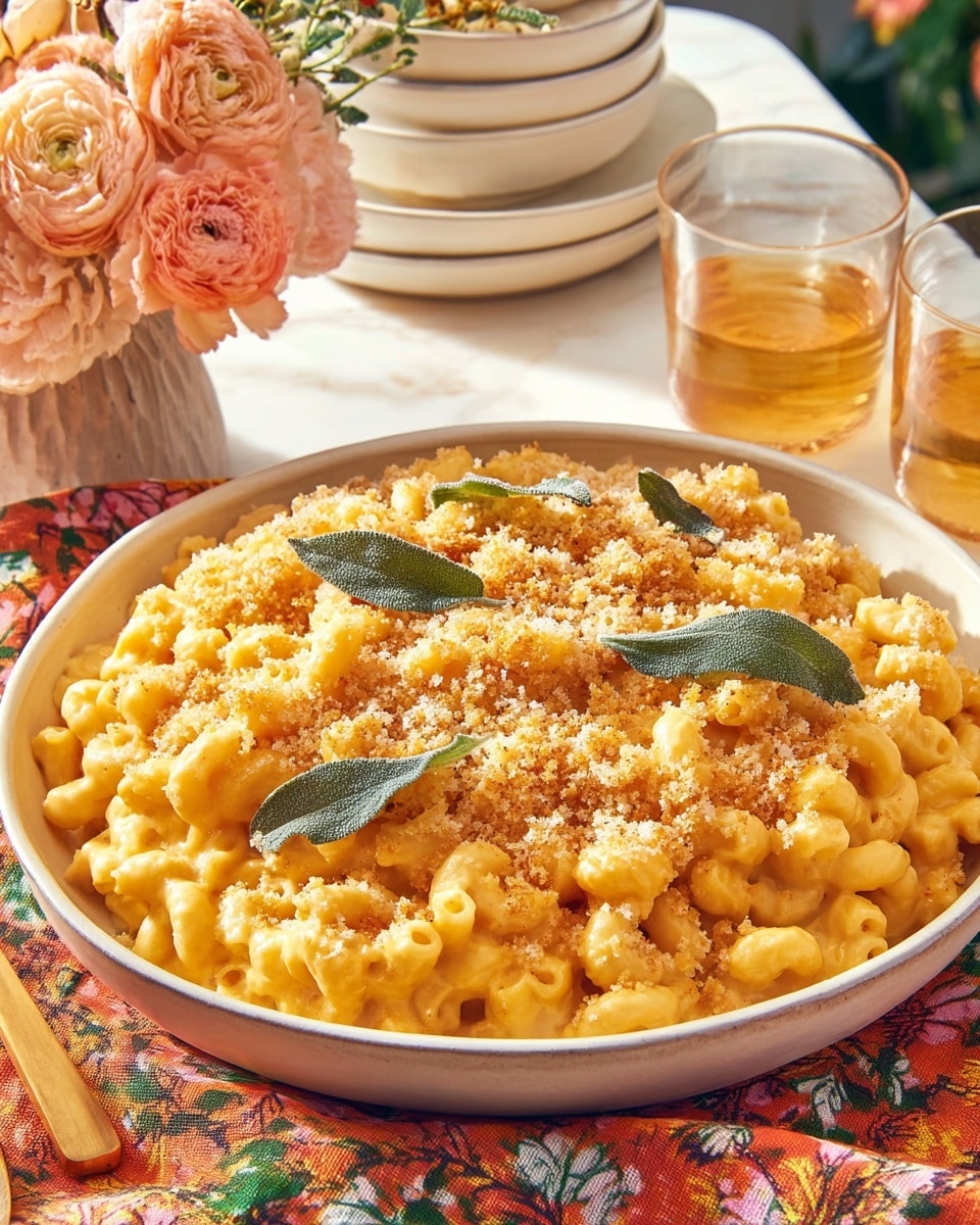 A large white bowl holds a creamy light orange pasta dish made with short curly pasta. The pasta is coated evenly with a smooth sauce and sprinkled on top with fine, light-colored breadcrumbs. Several dark green crispy leaves are scattered across the top as garnish. The bowl sits on a colorful floral cloth with shades of blue, orange, and cream. In the background, two clear glasses filled with a pale golden drink are visible, along with stacked white and teal bowls. A fork and knife with wooden handles rest at the bottom of the image on the floral cloth. The setting is on a white marbled surface with soft natural lighting. Photo taken with an iphone --ar 4:5 --v 7