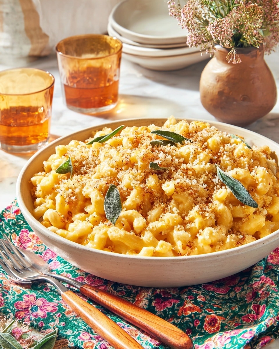 A large white bowl filled with creamy yellow macaroni pasta covered with a smooth cheese sauce, topped with a layer of light brown breadcrumbs and scattered with deep green sage leaves. The bowl sits on a colorful floral cloth on a white marbled surface, with a fork and knife with wooden handles placed in front. In the background, there are two clear glasses with a light golden drink, and partially visible stacked white bowls. To the left, there is a bunch of orange and light pink flowers adding a soft touch to the scene. photo taken with an iphone --ar 4:5 --v 7