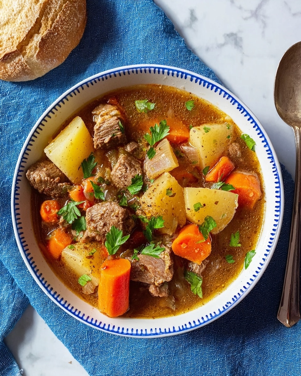 A white bowl with blue dots along the rim holds a beef stew made of several chunks of brown beef, large pieces of orange carrots, and pale yellow potatoes in brown broth with small bits of onions floating. Bright green parsley leaves are scattered on top, adding fresh color. The bowl sits on a dark blue cloth on a white marbled surface, next to a spoon on the right and a torn piece of bread on the left. The photo taken with an iphone --ar 4:5 --v 7