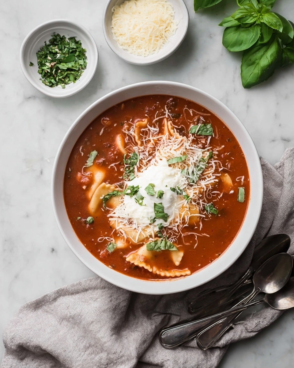 A white bowl filled with a thick red tomato soup with visible chunks of meat and pasta sheets. On top, there is a white dollop of ricotta cheese, a small sprinkle of shredded white cheese, and some fresh green basil leaves scattered over it. The bowl is placed on a white marbled surface with a light gray cloth next to it. Above the bowl, there is a small white dish with green chopped basil and a small brown bowl with grated cheese and a spoon inside. Three silver spoons lie next to the bowl. Photo taken with an iphone --ar 4:5 --v 7
