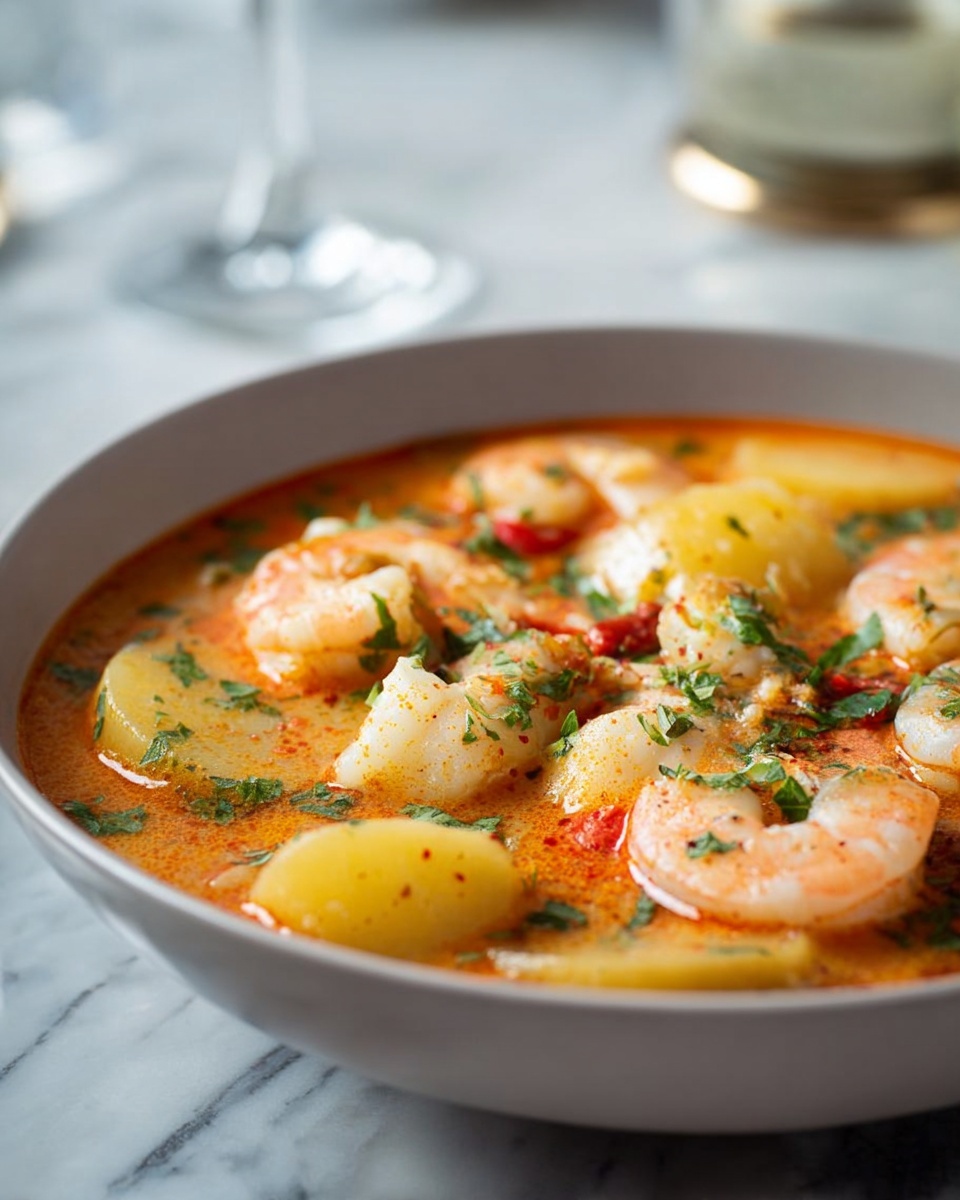 A close-up view of a bowl filled with a thick soup, showing several layers: large shrimp with a light orange and white color, soft yellow potato chunks, and white pieces of fish, all sitting in a vibrant orange-red broth with visible small green parsley leaves and red chili flakes. The bowl is white, resting on a surface with a white marbled texture. In the blurred background, a glass and a dark cup with a warm beverage are visible. photo taken with an iphone --ar 4:5 --v 7