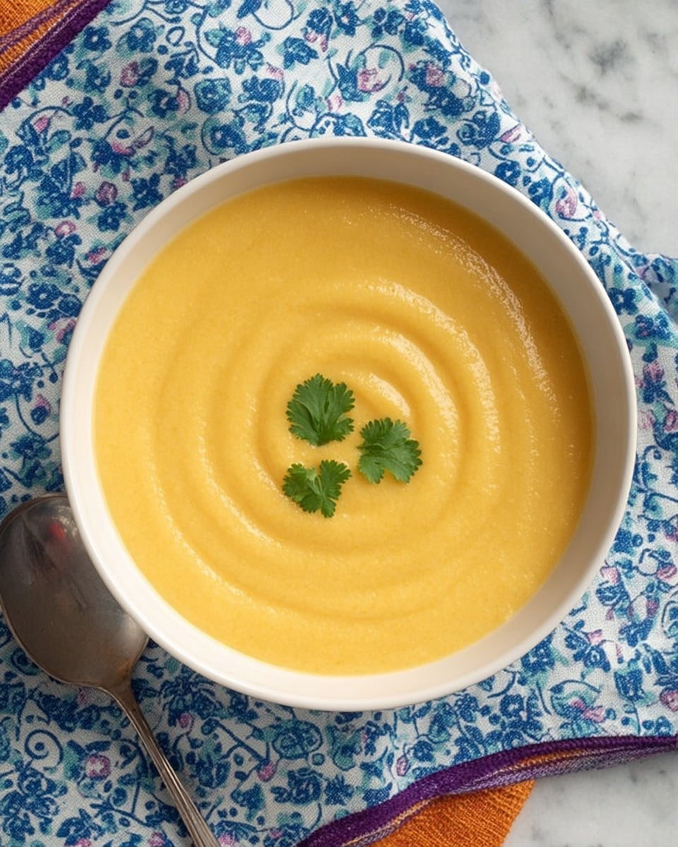 A creamy light orange soup fills a white bowl, smooth in texture with gentle concentric ripples on the surface, topped in the center with a small sprig of green cilantro. The bowl sits on a blue and white cloth featuring a floral pattern, all placed on a white marbled surface. A silver spoon is partly visible near the edge of the cloth. Photo taken with an iphone --ar 4:5 --v 7