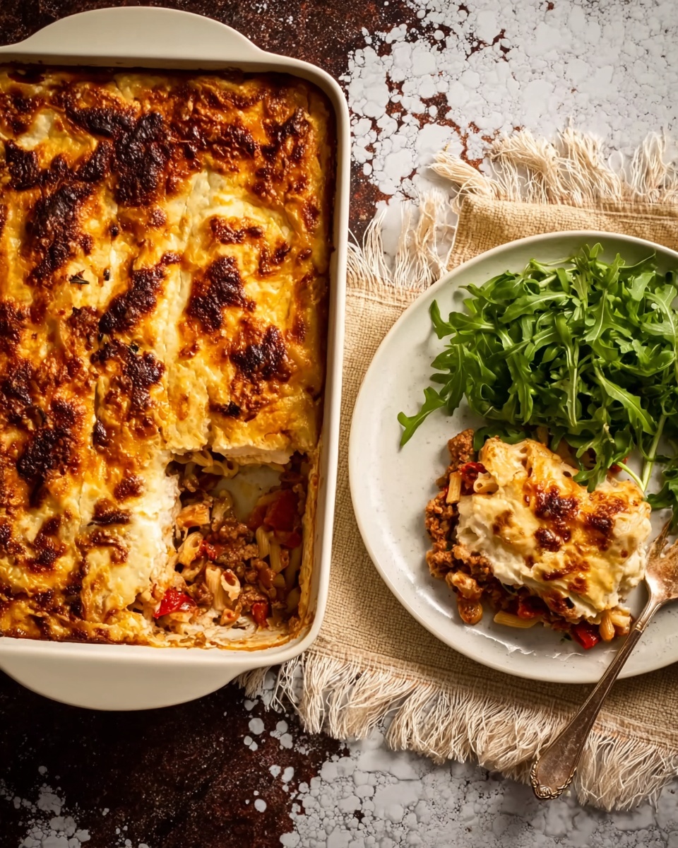 The image shows a baked pasta dish in a white rectangular baking dish with a golden-brown, bubbly cheese top layer that is slightly browned in spots. The dish has been scooped out in one corner to reveal three layers: a top creamy white cheese layer, a middle layer of pasta with red tomato sauce and browned meat, and a bottom layer of sauce and pasta. To the right, a white round plate contains a serving of the same pasta layers with melted cheese on top, alongside fresh green leafy salad. A silver spoon is scooping the dish from the baking pan, and the scene is set on a white marbled surface. Photo taken with an iphone --ar 4:5 --v 7