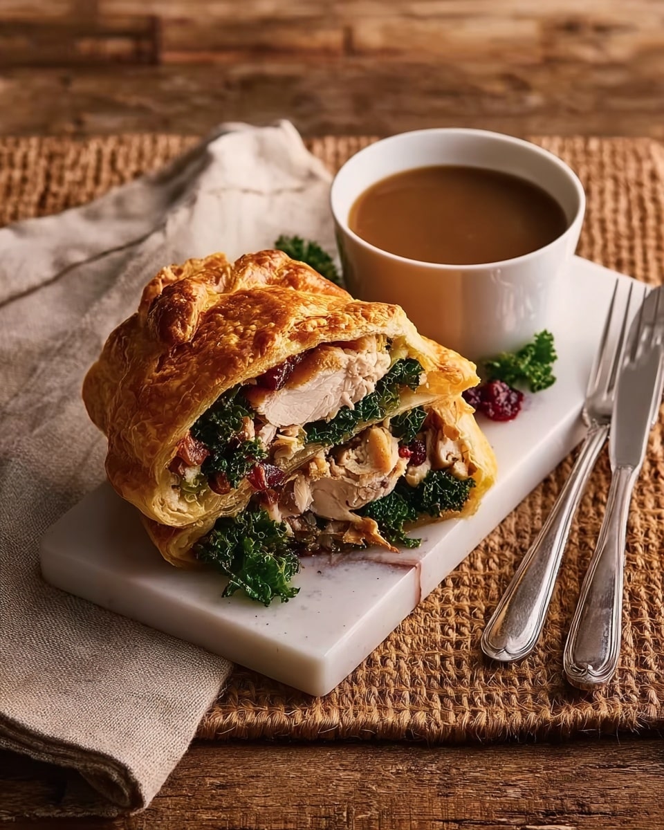 A golden brown puff pastry folded sandwich sits on a white marbled rectangular plate with rounded edges. Inside the sandwich, layers include green kale leaves, white shredded white meat, bright red sauce, and light tan stuffing visible at the opening. Behind the sandwich is a small round beige bowl filled with brown gravy. To the right of the plate, a silver fork and knife rest crossed side by side. A beige cloth napkin lies to the left on a woven mat atop a wooden surface. Photo taken with an iphone --ar 4:5 --v 7