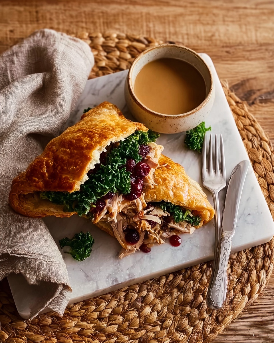 A golden-brown folded pastry pocket rests on a small white marble platter, filled with layers of green kale leaves, light creamy chunks of poultry meat, and a layer of glossy dark red sauce, possibly cranberry, peeking out from the opening. Next to the pocket, a small white bowl contains a smooth brown sauce. The platter is placed on a natural woven mat over a rustic wooden table. A beige cloth napkin sits to the left, and a fork and knife with dark handles lie crossed on the right photo taken with an iphone --ar 4:5 --v 7