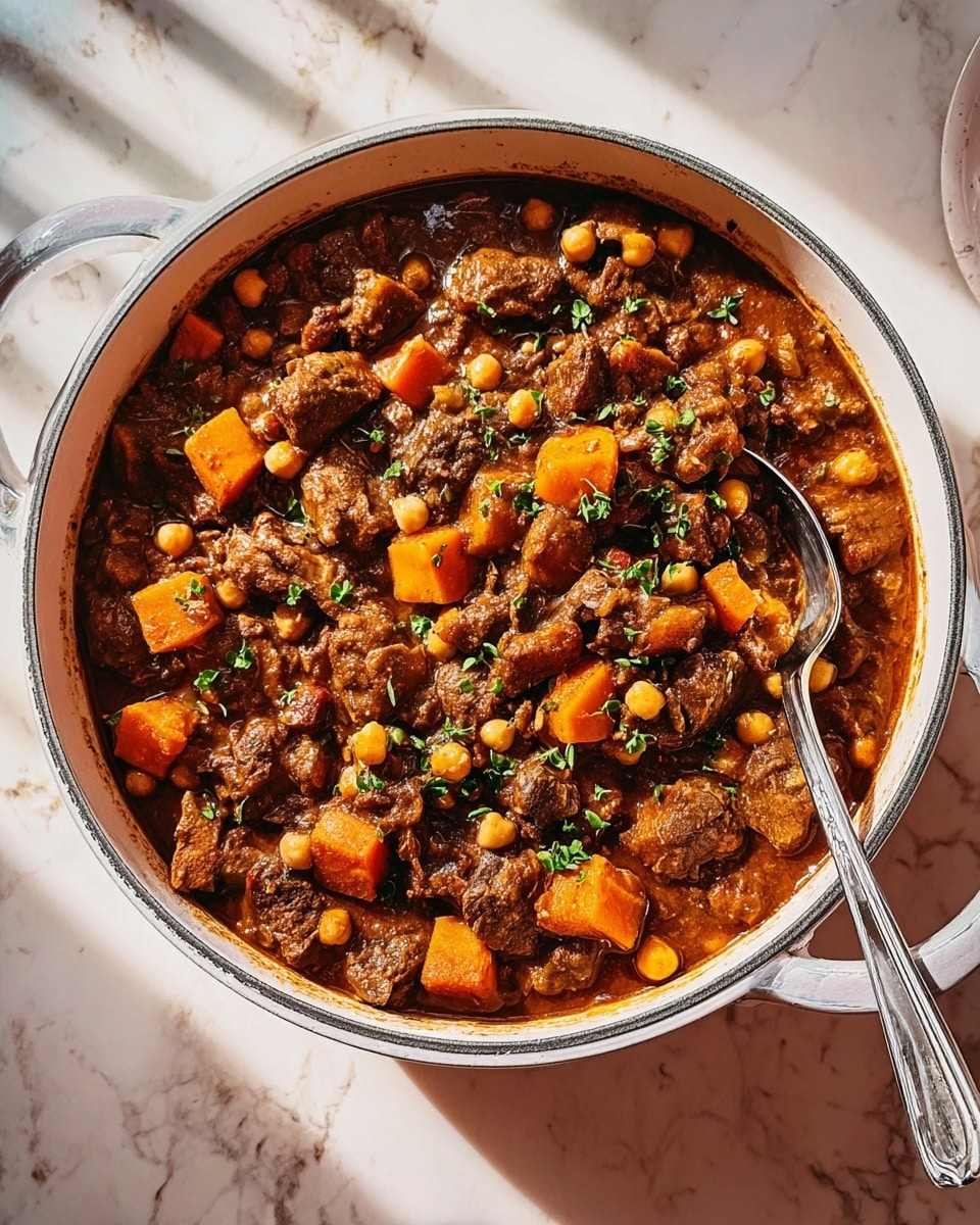 A white round pot filled with a thick stew that has three main layers: the bottom layer is a rich brown sauce, the middle layer is made of chunks of dark brown meat and orange pieces of carrot, and the top layer is scattered with light brown chickpeas and chopped green herbs. A large silver spoon is partially dipped into the stew on the bottom right side. The pot is set on a white marbled surface with a shadow visible on the top right. Photo taken with an iphone --ar 4:5 --v 7