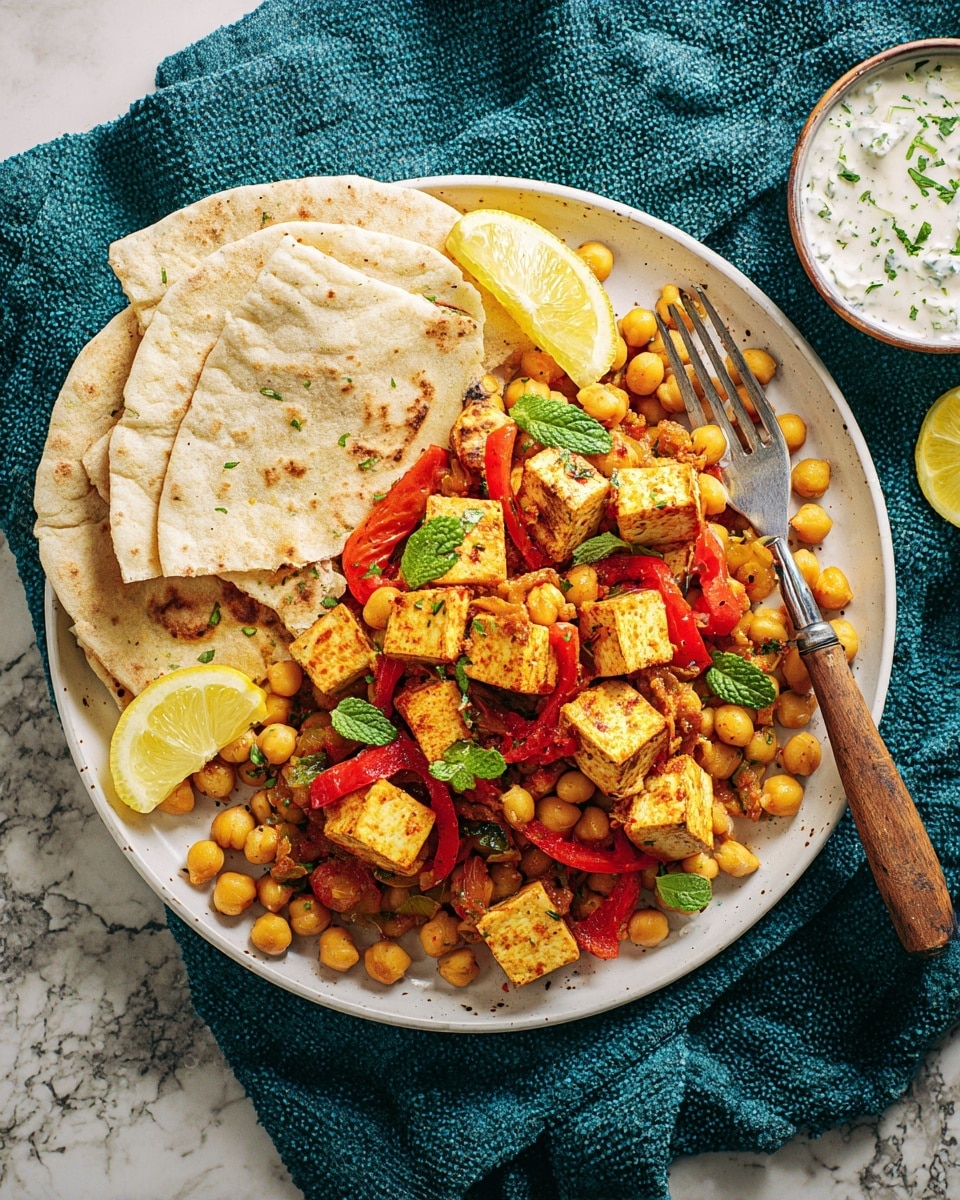 A white plate holds a colorful mix of chickpeas, orange-yellow cubes of tofu, and thin red pepper strips, all seasoned and slightly shiny with oil. Bright green mint leaves are scattered throughout for a fresh touch. Three triangular pieces of light brown flatbread with dark toasted spots sit around the chickpea and tofu mix, two pieces leaning on the side and one on the bottom right. Two lemon wedges are placed near the flatbread, adding a vivid yellow contrast. A wooden-handled fork rests on the plate near the lemon, and a small white bowl with a creamy sauce, speckled with green herbs, sits at the top right edge on a white marbled texture surface. Photo taken with an iphone --ar 4:5 --v 7