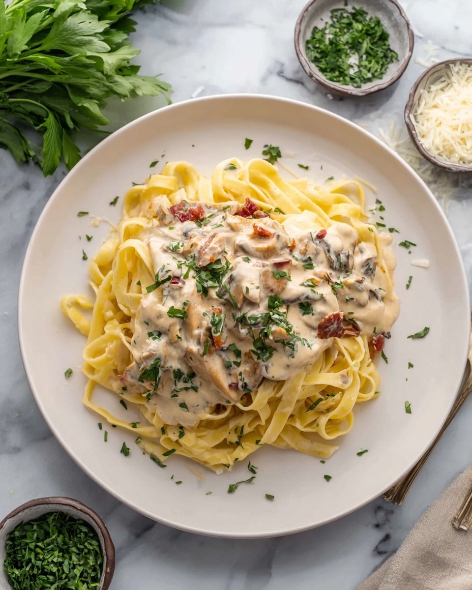 A white plate holds a bed of light yellow fettuccine noodles with a slightly glossy texture, topped by a thick creamy beige sauce with visible small red specks and pieces of browned mushrooms mixed in; scattered fresh green herbs garnish the sauce, adding contrast. The plate is on a white marble surface, surrounded by small bowls with finely chopped green herbs and grated cheese, as well as larger green herb leaves nearby. Photo taken with an iphone --ar 4:5 --v 7