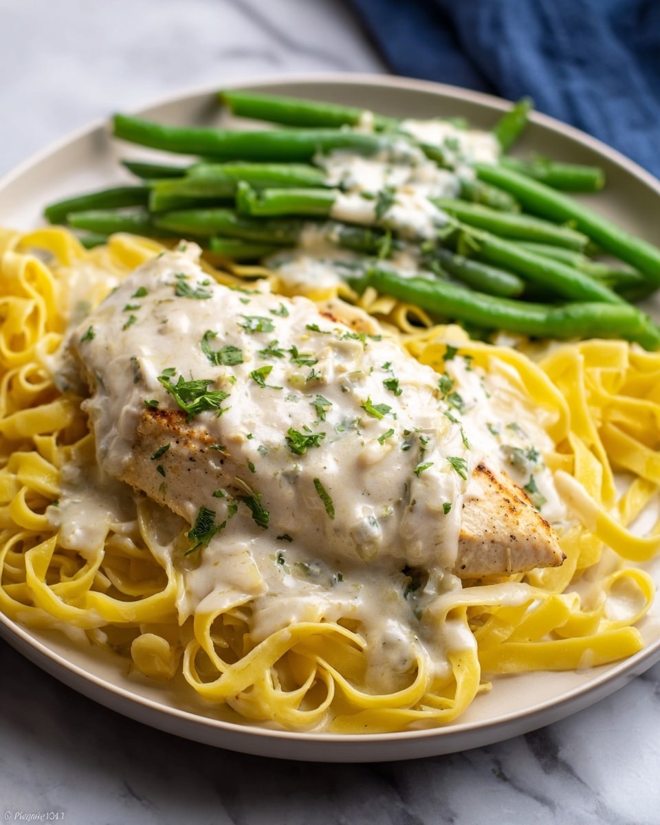 A white plate holds three main layers: at the bottom, a bed of yellow fettuccine pasta is spread out with a smooth, creamy white sauce mixed in, giving it a shiny texture. On top of the pasta lies a thick, light brown cooked chicken breast covered in a thick white creamy sauce sprinkled with small green herb pieces. To the side, there is a small pile of bright green cooked green beans, also topped lightly with the same white creamy sauce. The dish is garnished with tiny bits of chopped green herbs, all placed on a white marbled surface. Photo taken with an iphone --ar 4:5 --v 7