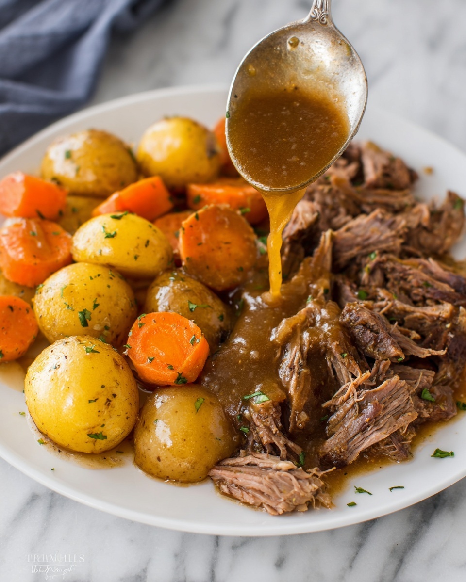 A white plate holds two main layers. The first layer is shredded brown cooked meat placed on the right side, with pieces showing a soft, fibrous texture. The second layer covers the left and top parts of the plate with small round golden yellow potatoes and thick slices of orange carrots mixed together. Over the meat, a silver spoon is pouring a thick brown gravy sauce that drips down onto the meat and vegetables. Small green herb bits are sprinkled over the meat. The dish sits on a white marbled surface. Photo taken with an iphone --ar 4:5 --v 7