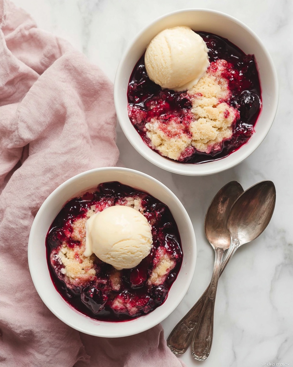 Two white bowls are filled with a mixed berry cobbler. Each bowl has one layer of soft, golden biscuit dough with a rough texture, topped with a thick layer of dark red and purple berry sauce that looks shiny and slightly chunky, with visible whole berries. The bowls sit on a white marbled surface. Next to the bowl in the front are two old-fashioned silver spoons resting on the marble. A pink cloth is partly visible under the bowl on the right side. photo taken with an iphone --ar 4:5 --v 7