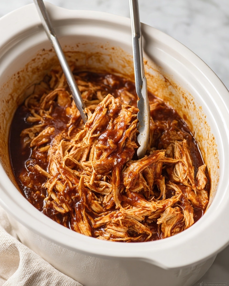 The image shows a white slow cooker filled with shredded chicken coated in rich, dark brown barbecue sauce. The chicken pieces vary in size and texture, with some parts appearing tender and soft while others have more defined strands. A pair of metal tongs is lifting a portion of the saucy chicken from the center, showing the moist, sauced layers. The slow cooker sits on a white marbled surface with a beige cloth next to it. The inside rim of the cooker has traces of the sauce. photo taken with an iphone --ar 4:5 --v 7