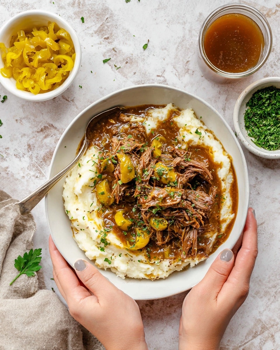 A white bowl holds a dish with a base layer of creamy mashed potatoes showing bits of potato skin, topped with shredded brown meat soaked in a rich, dark brown sauce. On top of the meat, several whole yellow peppers add color and texture, with some green herb sprinkles scattered over the dish. The bowl is placed on a white marbled surface, surrounded by small white bowls containing green herbs, yellow peppers in liquid, and a mixture of salt and pepper. A soft white cloth napkin is beside the bowl. Photo taken with an iphone --ar 4:5 --v 7