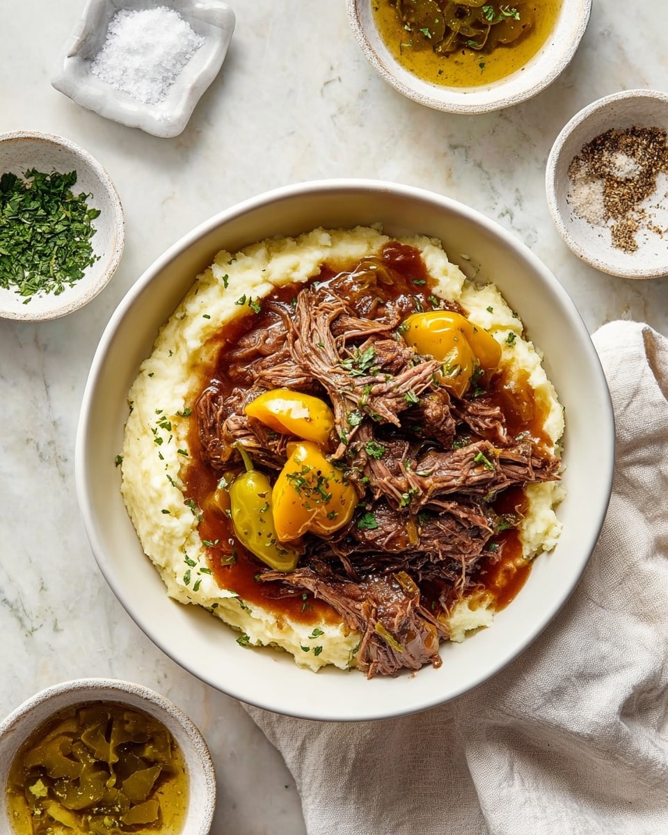 The image shows a white bowl filled with two clear layers: the bottom layer is creamy mashed potatoes, light off-white with bits of skin, smooth but textured; on top is shredded brown meat soaked in a rich brown gravy with shiny yellow peppers scattered throughout, garnished with green chopped herbs. A metal spoon rests inside the bowl on the left side, partially under the meat. A woman's hand holds the bowl at the bottom, while another woman's hand steadies the bowl from the right side. Around the bowl are a small white bowl of yellow peppers, a white bowl with green herbs, a glass container with brown liquid, and some green parsley on a white marbled surface. photo taken with an iphone --ar 4:5 --v 7