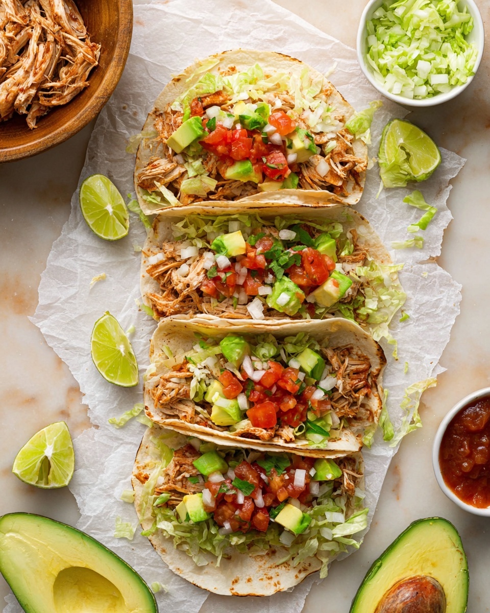Four tacos sit on white parchment paper over a white marbled surface. Each taco has one soft, lightly charred white tortilla as the base. The first layer inside is shredded cooked chicken that looks tender and moist, followed by shredded light green lettuce. On top of that are diced bright green avocado chunks, small red diced tomatoes mixed with finely chopped white onions, and some more scattered shredded lettuce. Surrounding the tacos are lime wedges and avocado halves, adding fresh green accents. Small white bowls with chopped onions and red salsa are partially visible at the top, while a wooden bowl with more shredded chicken is at the top left corner. photo taken with an iphone --ar 4:5 --v 7