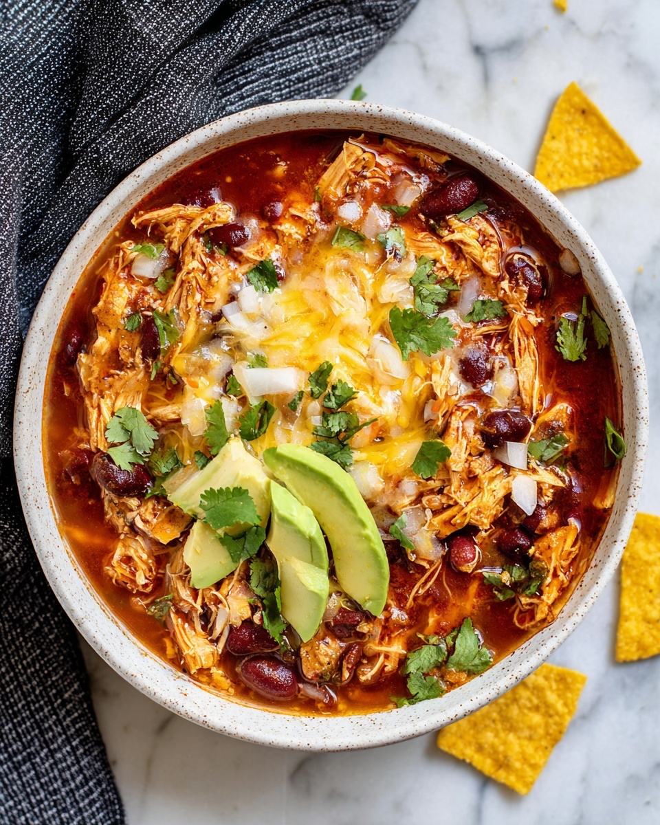 A white speckled bowl filled with a layered dish starting with a deep red stew base that holds shredded chicken mixed with dark red beans. Melted yellow and white cheese sits on top of the chicken and beans. Small white onion pieces and bright green cilantro leaves are scattered over the dish. Two fanned slices of light green avocado rest on opposite sides near the edge of the bowl. Around the bowl are broken yellow tortilla chips on a gray and white striped cloth, all placed on a white marbled surface. Photo taken with an iphone --ar 4:5 --v 7
