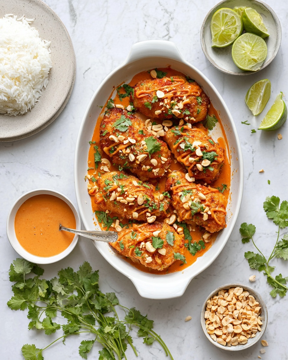 An oval white dish holds eight browned chicken pieces covered with an orange sauce, topped with green cilantro leaves and scattered chopped peanuts. To the top right of the dish, a small wooden bowl contains more orange sauce with a spoon inside. Below the dish, a small white bowl holds lime wedges, and another small white bowl near it contains chopped peanuts. Fresh cilantro sprigs and halved limes are placed on the white marbled surface around the dish. Photo taken with an iphone --ar 4:5 --v 7