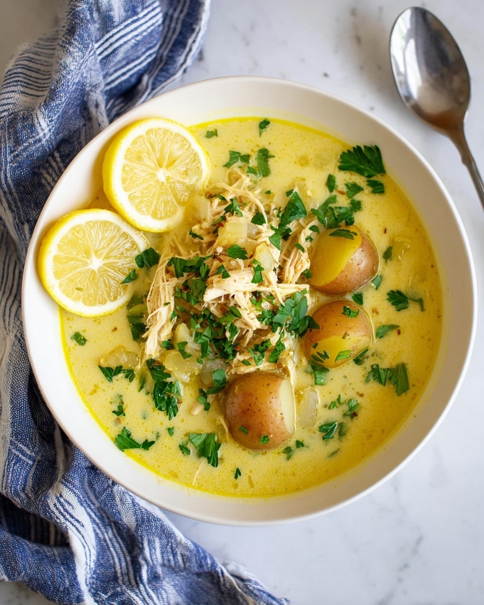 A white bowl filled with creamy yellow chicken soup sits on a white marbled surface. The soup has a thick yellow broth base, with small whole brown potatoes and shredded light yellow chicken pieces layered in the center. Chopped green herbs are sprinkled over the top, adding a fresh contrast. Three thin lemon slices with green parsley leaves are placed on the left side inside the bowl. A striped blue and white cloth is partially visible behind the bowl, and a shiny metal spoon lies on the surface nearby. photo taken with an iphone --ar 4:5 --v 7