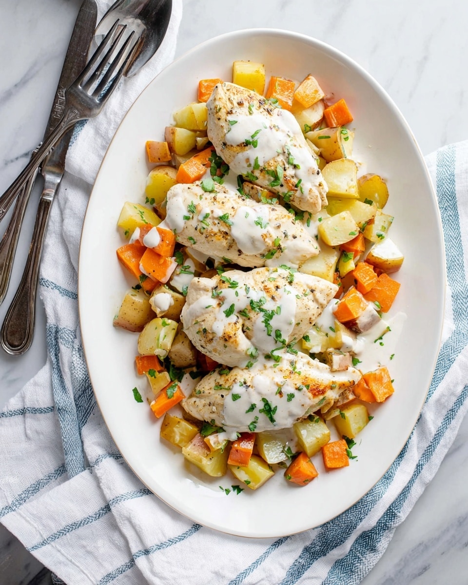 A large white oval plate holds a layered dish starting with a base of diced root vegetables including orange carrots and pale yellow potatoes, all showing a soft texture and scattered green herb bits. On top, four pieces of lightly seasoned white chicken are placed evenly spaced, each piece showing a tender and moist surface. A creamy white sauce is drizzled in thin lines over the chicken and vegetables, with small chopped green herbs sprinkled on top for color. The plate rests on a white marbled surface, with a silver spoon and fork to the left and a folded white cloth with blue stripes lying above the plate. Photo taken with an iphone --ar 4:5 --v 7