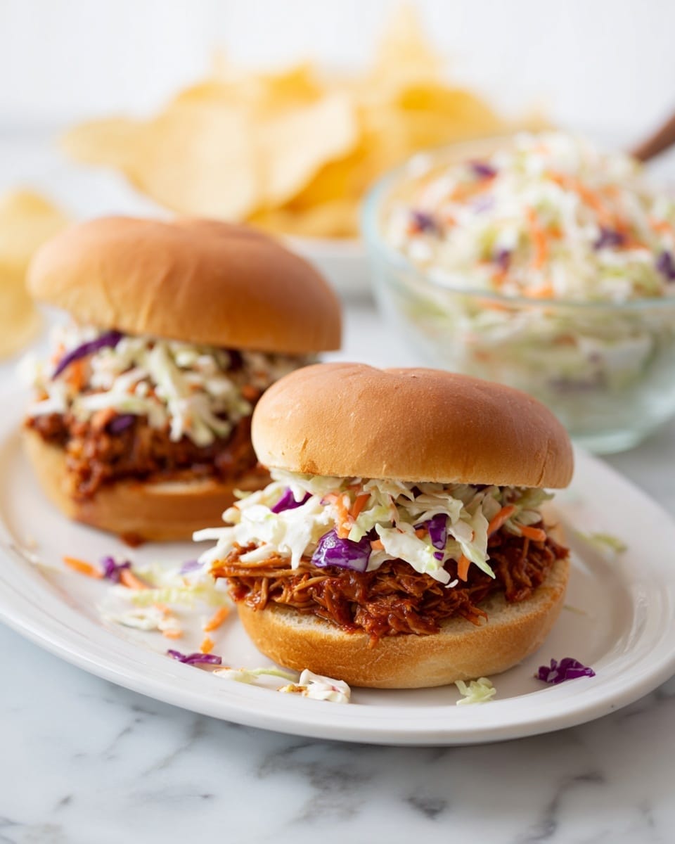 Two sandwiches sit on a white plate with some coleslaw scattered around. Each sandwich has three layers: a soft, brown bun on top and bottom, a middle layer of shredded, saucy meat in a reddish-brown color, and a fresh coleslaw layer with white, purple, and orange cabbage and carrot pieces on top of the meat. In the background, there is a clear bowl filled with more coleslaw and some chips around the sandwiches. The setting rests on a white marbled surface. photo taken with an iphone --ar 4:5 --v 7