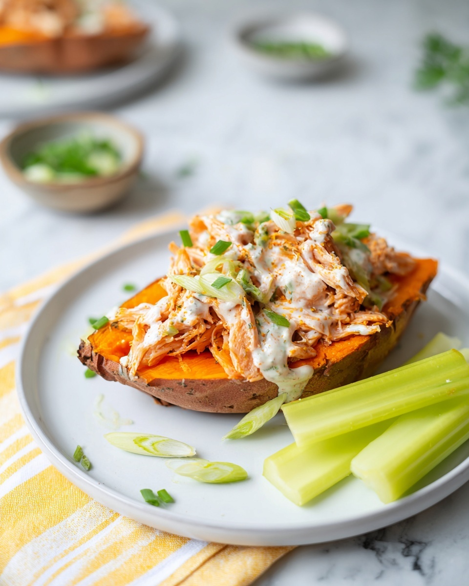 The image shows a white plate on a white marbled surface with a piece of roasted orange sweet potato as the base layer. On top of the sweet potato, there is a layer of shredded cooked chicken covered with a light orange sauce. A creamy white sauce is drizzled over the chicken and sweet potato, and small chopped green herbs, possibly chives, are sprinkled on top. To the side of the plate, there are two light green celery stalks. A silver fork rests on the plate's right edge, and the background features a soft white marbled texture. Photo taken with an iphone --ar 4:5 --v 7