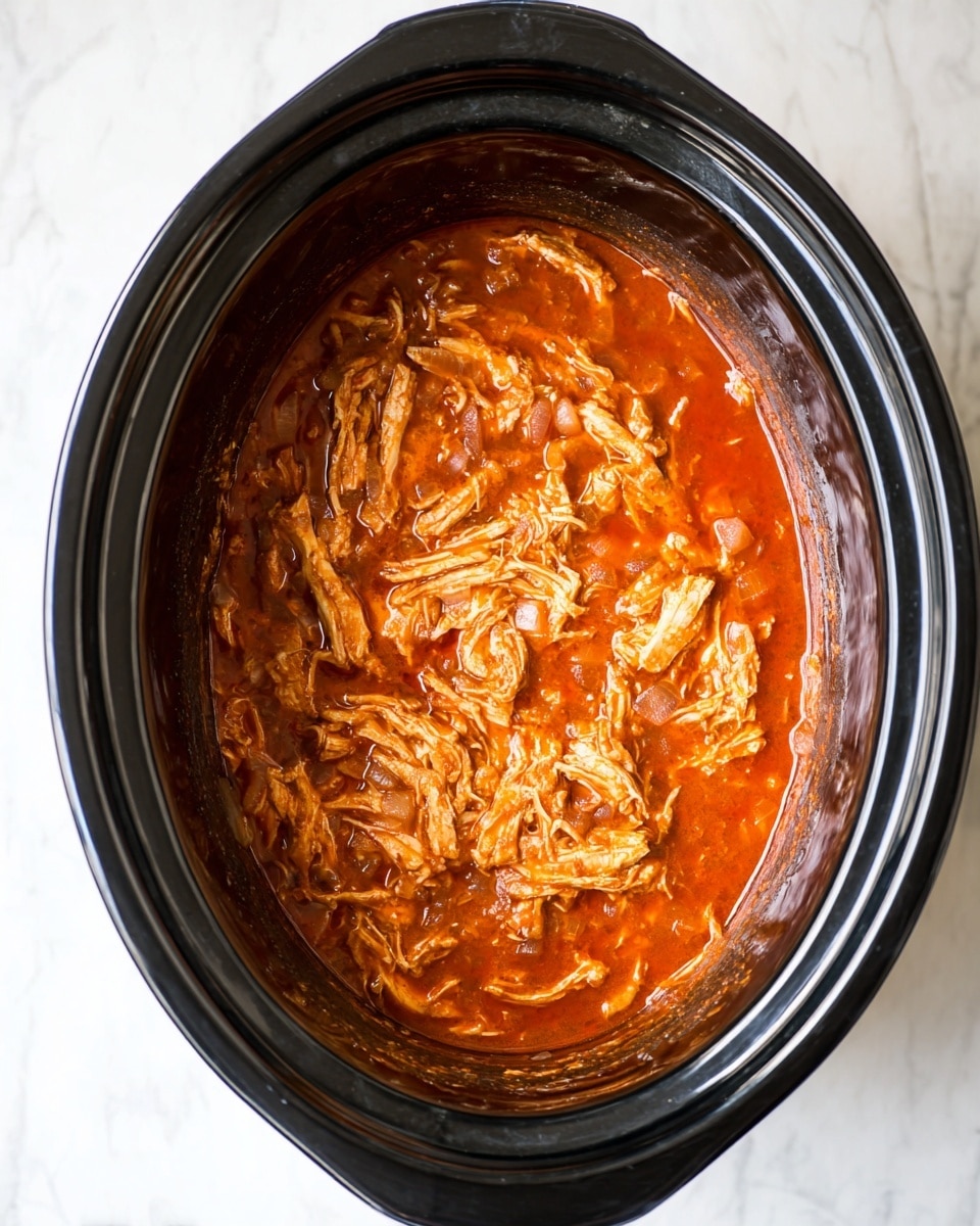 Inside a black slow cooker, there is a single layer of shredded chicken mixed evenly with a thick, rich red-orange sauce. The texture shows soft, fibrous pieces of chicken soaked in the smooth, slightly chunky sauce that fills the cooker from edge to edge. The image is taken from above, showing only this one layer with some traces of sauce on the cooker’s sides. The background is a white marbled surface. photo taken with an iphone --ar 4:5 --v 7