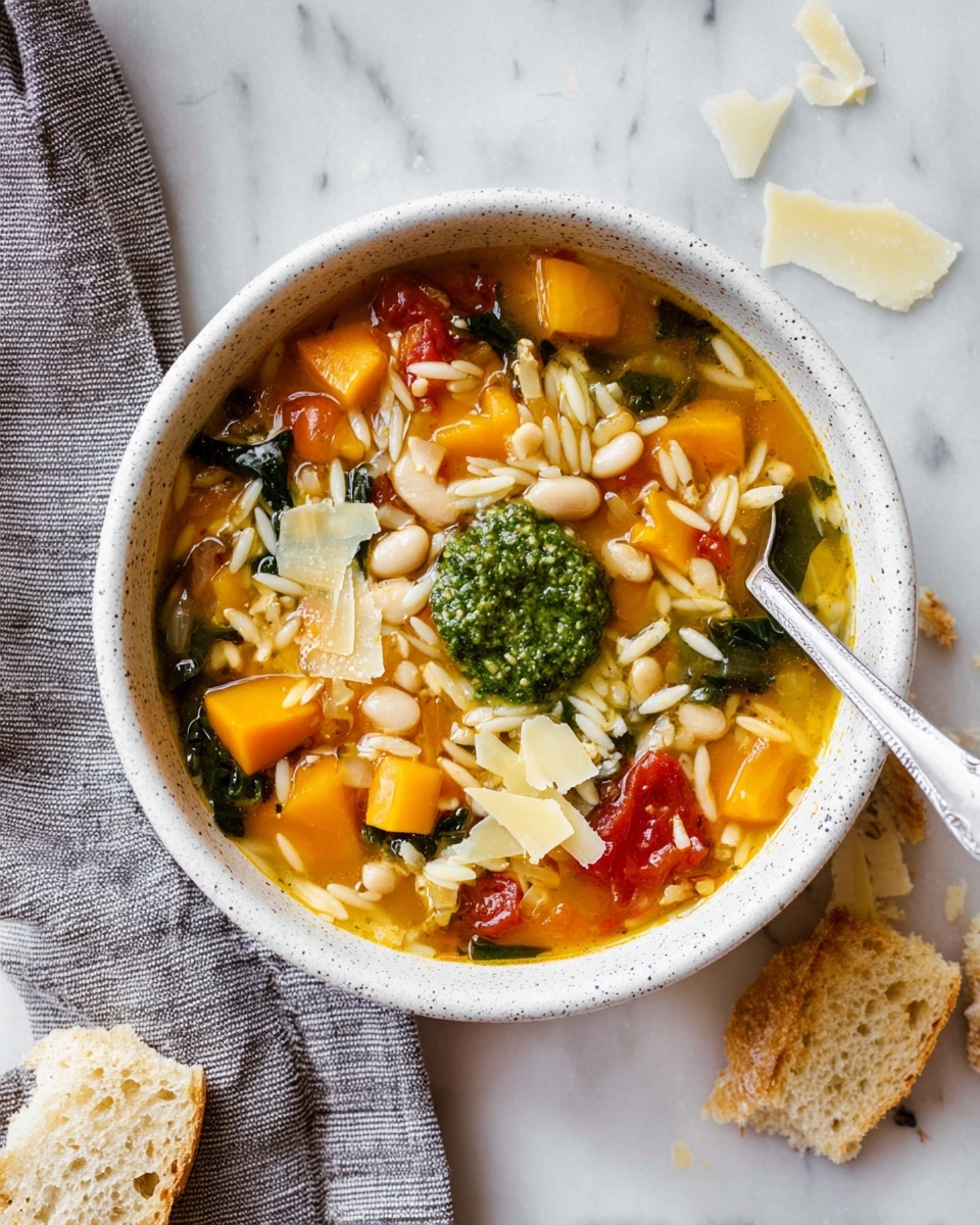 A white bowl filled with chunky soup sits on a gray and white cloth over a white marbled surface. The soup has a golden-orange broth with visible layers including small orange cubes, dark green leafy pieces, white chickpeas, and short white pasta shapes. On top, there are thin white cheese shavings scattered around a dollop of bright green pesto. Around the bowl, pieces of torn brown bread rest on the white marbled surface. A silver spoon extends from inside the bowl on the right side. photo taken with an iphone --ar 4:5 --v 7