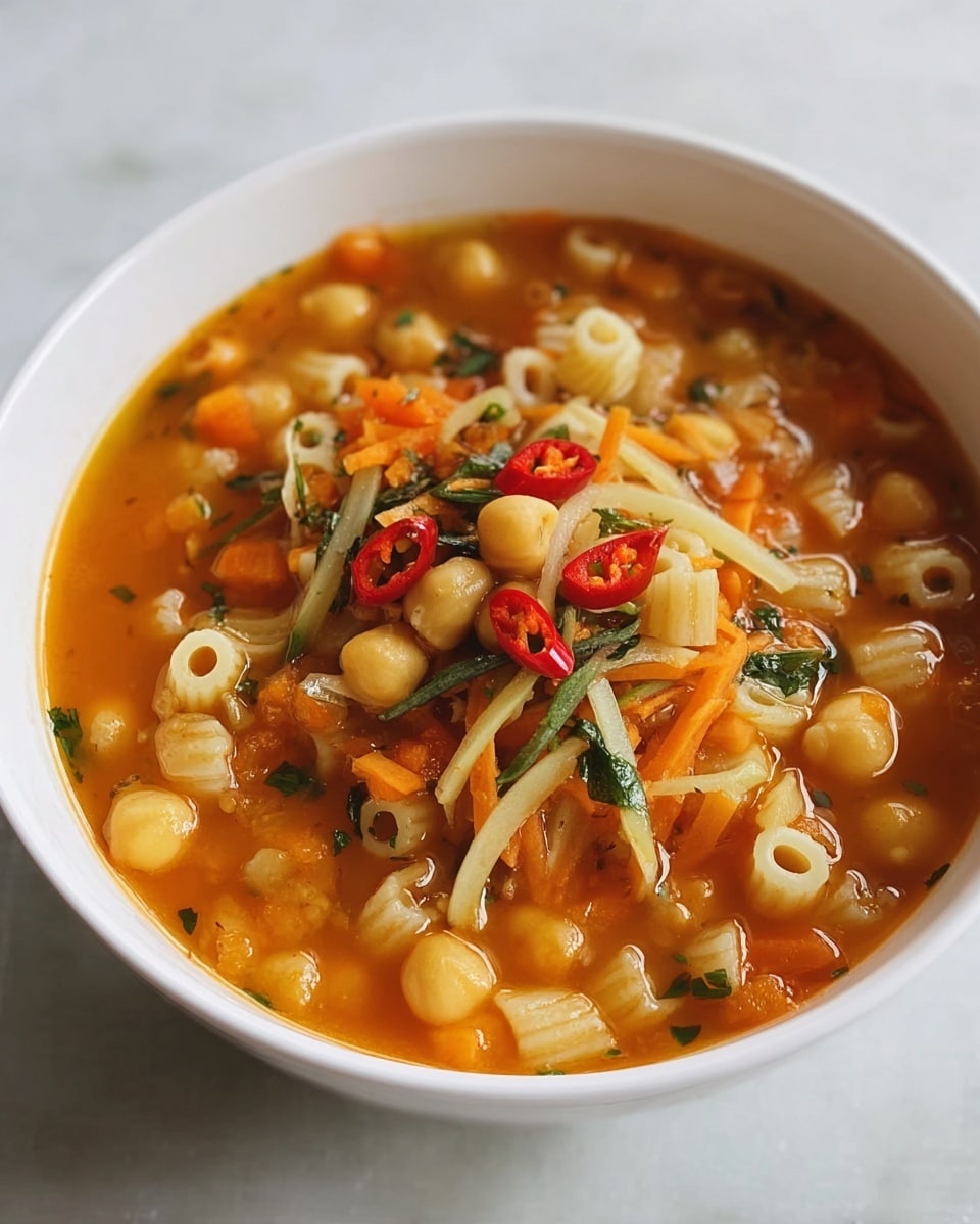 A white bowl filled with a thick soup showing different layers of ingredients. The base layer is an orange broth with a smooth texture. On top, there are small round chickpeas, short tube-shaped pasta, and thin green herb strips mixed throughout the soup. There are finely shredded orange carrot pieces and translucent onion bits scattered on the surface. Bright red chili slices sit right on the top, adding a pop of color. The bowl is placed on a white marbled surface. Photo taken with an iphone --ar 4:5 --v 7