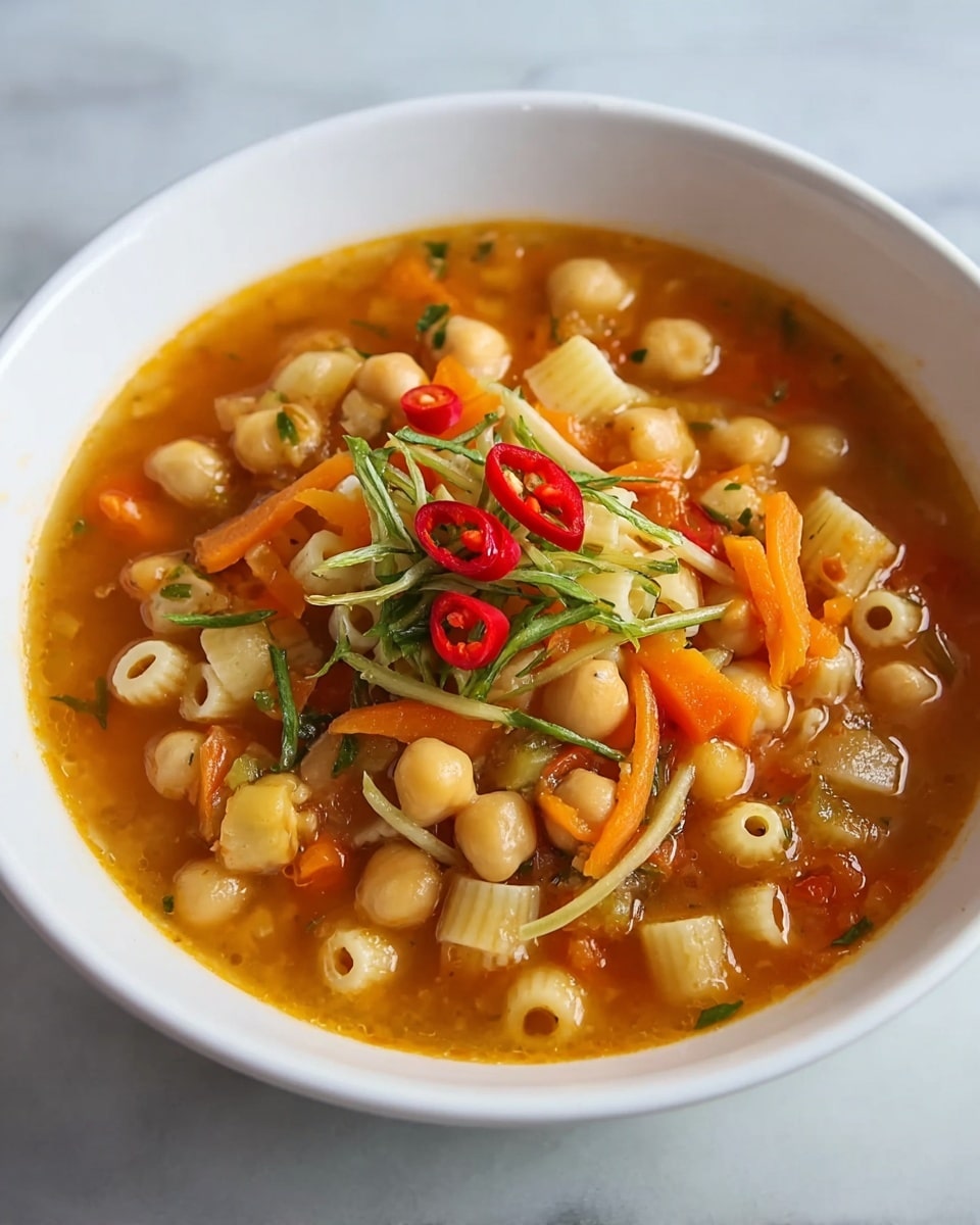 A white bowl filled with a thick soup contains three main layers: the base layer is a warm orange broth, the middle layer has small round chickpeas and short tubular pasta, and the top layer is garnished with thin carrot strips, green herbs, and small slices of bright red chili peppers. The bowl sits on a white marbled surface, giving a clean and fresh look. The photo taken with an iphone --ar 4:5 --v 7