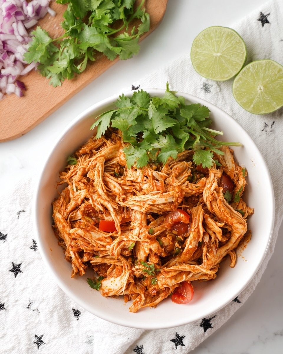 A white bowl sits on a white marbled surface with a white cloth underneath that has dark star patterns. Inside the bowl is one main layer of shredded cooked chicken mixed with small pieces of red tomato and bits of green pepper. The chicken has a reddish-orange seasoning and appears tender with visible strands. On top of the chicken, near the edge of the bowl, there is a fresh green sprig of cilantro. Above and to the left of the bowl, there is a wooden cutting board with chopped red onion, lime wedges, and a few cilantro leaves arranged neatly. The overall setting is bright with natural light showing clear textures and colors. Photo taken with an iphone --ar 4:5 --v 7