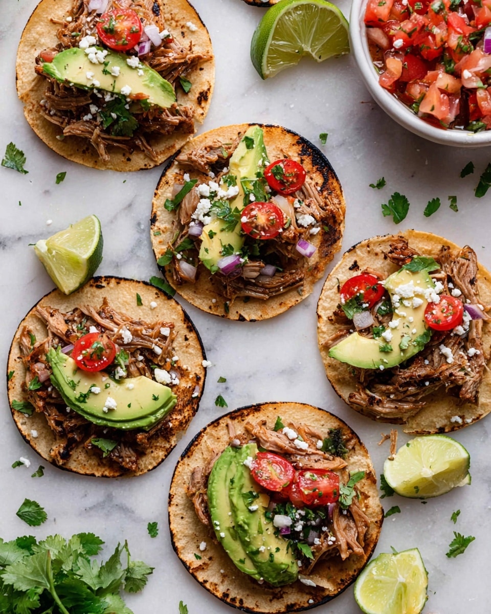 Five small tostadas are laid out on a white marbled surface. Each tostada has one layer of a slightly toasted light brown corn tortilla with some charred spots. On top is a layer of shredded, cooked meat that looks tender and seasoned, topped with small pieces of chopped red onion and fresh green cilantro. Each has a thick slice of green avocado placed on one side and a few bright red cherry tomato halves scattered over the meat. Small white crumbly cheese is sprinkled over the layers. Around the tostadas are lime wedges and some cilantro leaves for garnish. A portion of a white bowl filled with diced tomato salsa is visible in the upper right corner. The scene looks fresh and colorful. Photo taken with an iphone --ar 4:5 --v 7