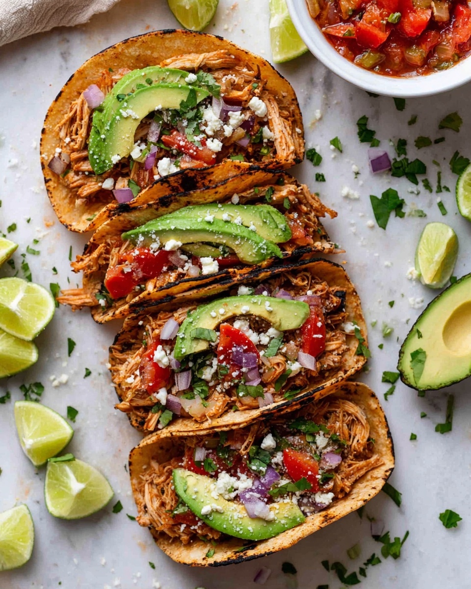 The image shows four tacos placed closely together on a white marbled surface. Each taco has three layers: the bottom layer is a slightly charred soft tortilla in a light golden brown color, the middle layer consists of shredded brown chicken mixed with small red cherry tomato halves and diced purple onion pieces, and the top layer features bright green slices of avocado, a sprinkling of white crumbly cheese, and some chopped green cilantro leaves. Around the tacos, there are lime wedges and scattered pieces of cilantro and cheese, with a small white bowl filled with a red tomato salsa in the top right corner. The scene looks fresh and colorful, photo taken with an iphone --ar 4:5 --v 7
