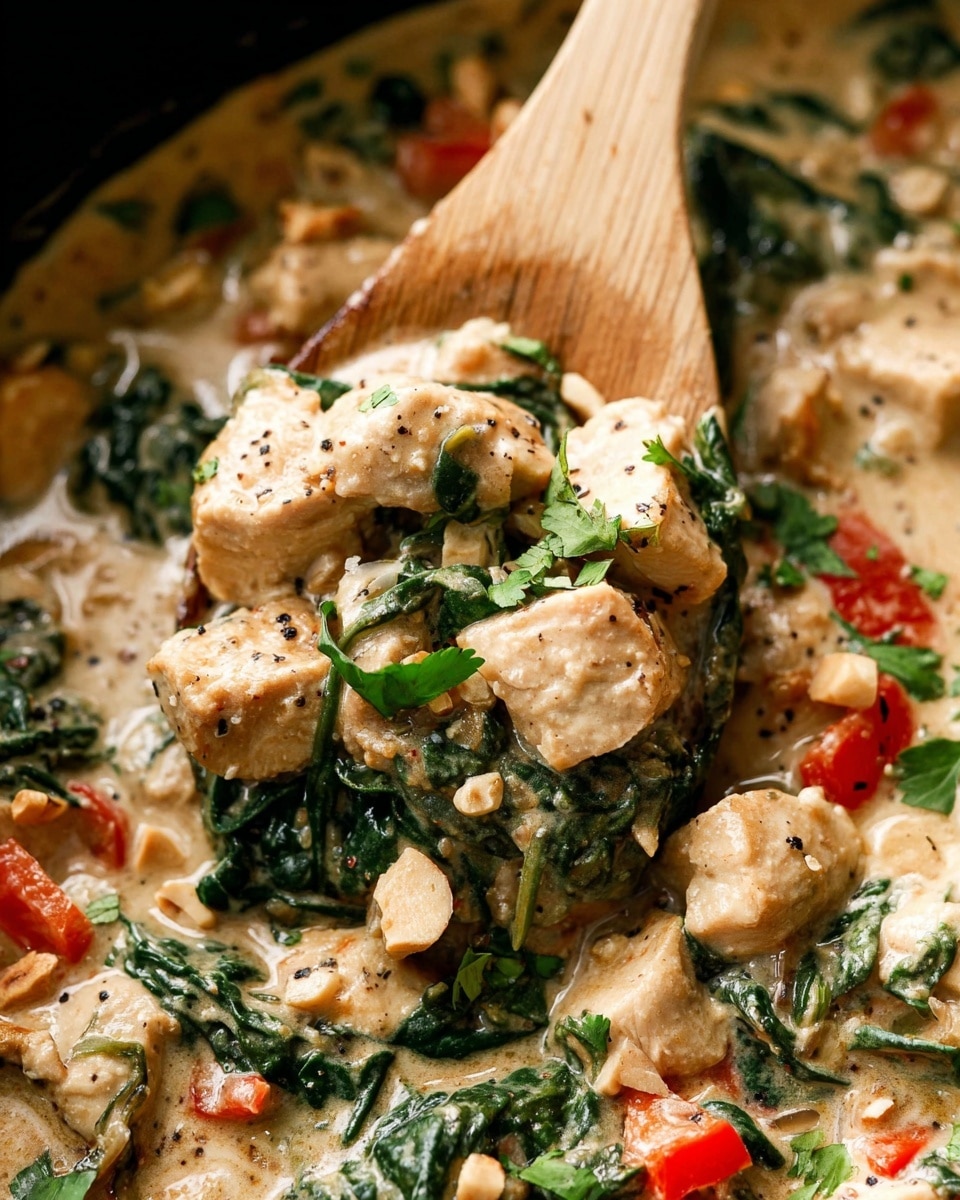 A close-up view shows a creamy stew with chunks of light beige cooked chicken mixed with wilted dark green spinach leaves and small pieces of bright red bell pepper. The stew is thick with a light tan sauce speckled with black pepper and chopped nuts. Bright green fresh herbs like cilantro are scattered on top, adding a fresh pop of color. A wooden spoon with a smooth handle lifts a portion of the stew, highlighting the textured ingredients and creamy sauce around it. The photo taken with an iphone --ar 4:5 --v 7