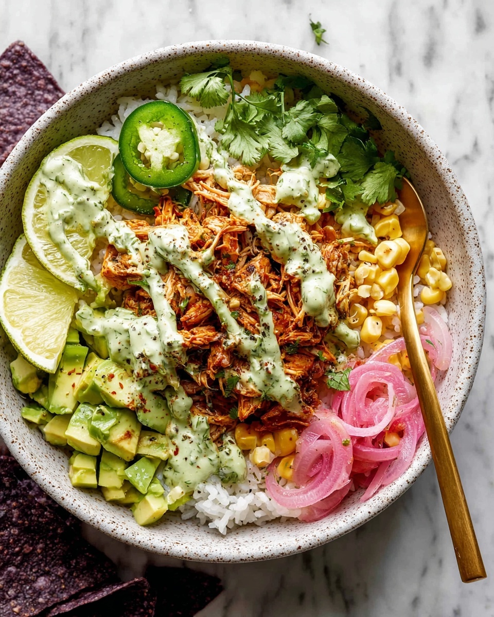 A white speckled bowl contains a colorful layered dish starting with a base of white rice. On top, in the center, is a pile of shredded orange chicken mixed with yellow corn pieces and black beans, drizzled with a light green creamy sauce and sprinkled with black pepper. Surrounding the chicken, there are slices of bright green avocado pieces, green jalapeño slices, and thin pink pickled onion strips. Two lime wedges rest on the rice at the front left side, while a few sprigs of fresh cilantro are scattered around. A gold fork is placed on the right side of the bowl, partially inserted into the chicken. The bowl is set on a white marbled surface with some blue corn tortilla chips and a small white bowl of pickled onions nearby. photo taken with an iphone --ar 4:5 --v 7