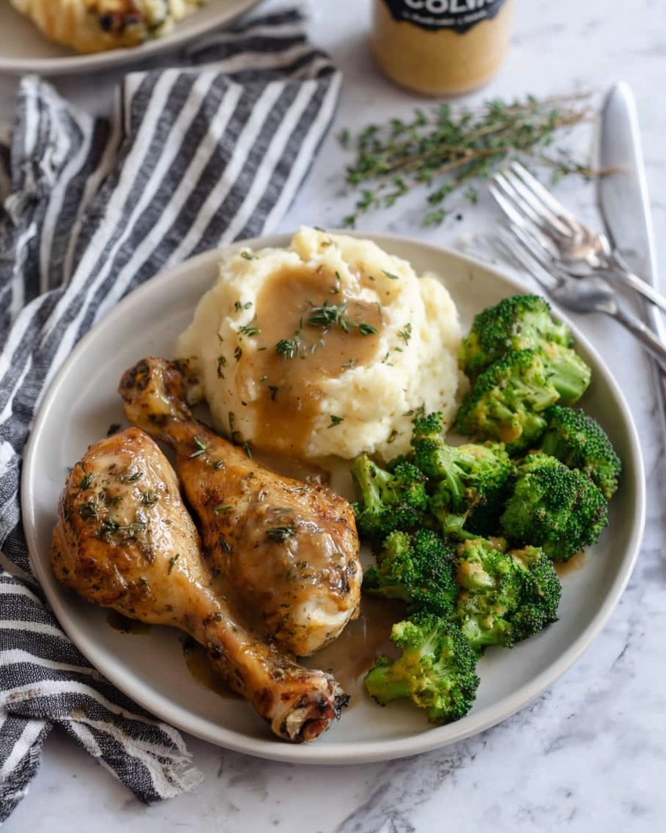 A white plate holds three main parts: two golden-brown chicken drumsticks with herbs on top sit on the left side; next to them, creamy mashed potatoes form a mound with a pool of brown gravy in the center and a small sprig of green thyme as garnish; on the right side, there are bright green, cooked broccoli florets. The plate is placed on a white marbled surface with a fork nearby and a striped cloth partially visible in the background. Some thyme sprigs and a bottle of Dijon mustard can be seen blurred in the back. photo taken with an iphone --ar 4:5 --v 7