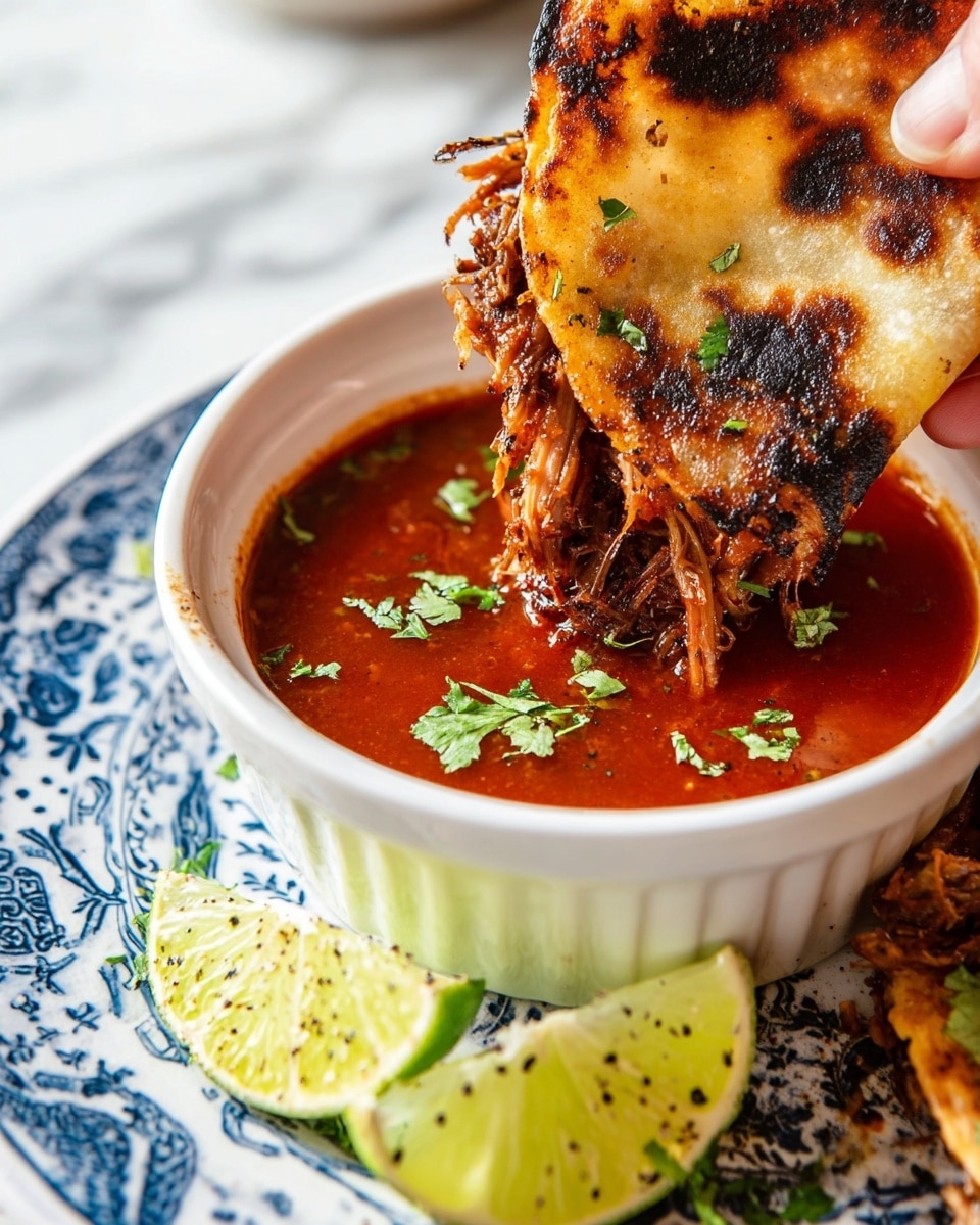 The image shows a charred taco with a crispy tortilla that has dark brown and golden spots, filled with shredded meat that looks juicy and slightly glazed. The taco is being dipped into a small white bowl filled with bright red sauce, with some green cilantro sprinkled on top. The bowl rests on a white plate with blue patterns, and two lime wedges with black pepper and cilantro garnish sit next to the bowl. The background features a white marbled surface, and a woman's hand is holding the taco. photo taken with an iphone --ar 4:5 --v 7