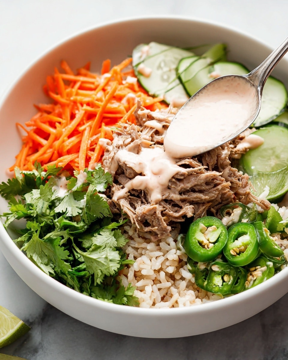 A white bowl sits on a white marbled surface, filled with several layers. The bottom layer is cooked brown rice. On top of the rice is shredded light brown meat with a creamy light pink sauce drizzled over it. To the right, there are bright green cucumber slices and lime wedges. On the left side, there are thin, orange carrot strips and green leafy herbs. Thin slices of green jalapeno peppers decorate the dish, some with sauce on them. In the background, there is a white bowl with a creamy pink sauce and a gold spoon inside. photo taken with an iphone --ar 4:5 --v 7