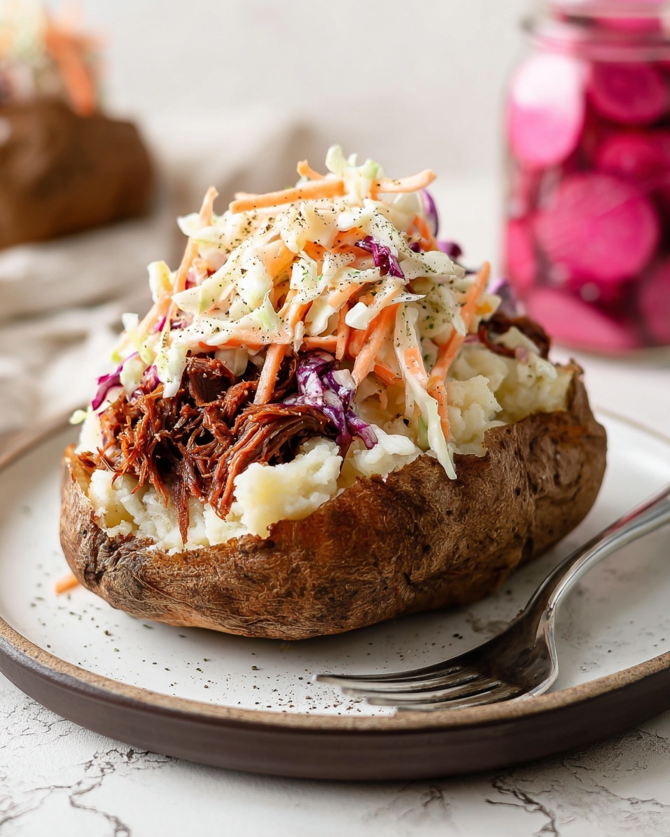 Slow Cooker BBQ Beef Recipe 5 A white plate with a baked potato as the first layer, its skin rough and brown with white fluffy inside scooped and fluffed up around the edges. On top is a thick layer of dark, shredded meat mixed with a rich brown sauce covering the potato. Thin rings of pale pink and purple pickled onions are spread on the meat, sprinkled with small green parsley leaves and a dusting of black pepper. To the side on the same plate is a small pile of creamy coleslaw, with white cabbage strands mixed with thin orange carrot strips and bits of purple cabbage, also dotted with green parsley. The plate sits on a white marbled surface with some parsley leaves scattered around and a silver fork on the left side. Near the top right, a glass jar with more pickled onions is partly visible. photo taken with an iphone --ar 4:5 --v 7
