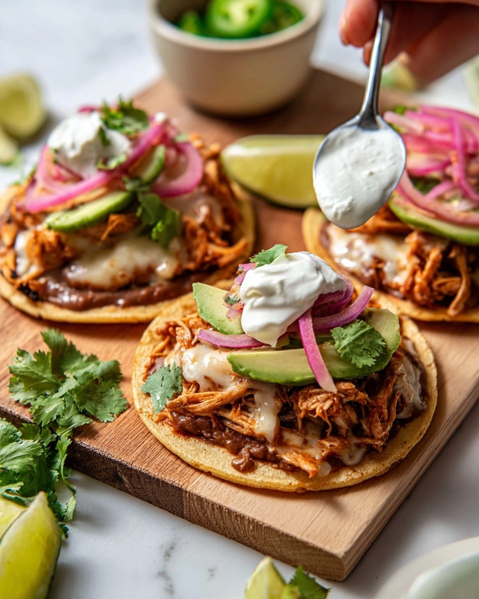 Three small tostadas are placed on a wooden board set on a white marbled surface. Each tostada is built on a light beige crispy corn tortilla base. The first layer on the tortilla is a spread of creamy brown refried beans, topped with browned melted cheese. On top of that is a pile of shredded orange-brown cooked chicken. Slices of green avocado rest on the chicken, capped with thin bright pink pickled onion rings. Fresh green cilantro leaves are sprinkled around. A dollop of thick white sour cream is being added to one tostada from a spoon held by a woman's hand. Lime wedges and a bowl with slices of jalapeño pepper are scattered nearby. Photo taken with an iphone --ar 4:5 --v 7