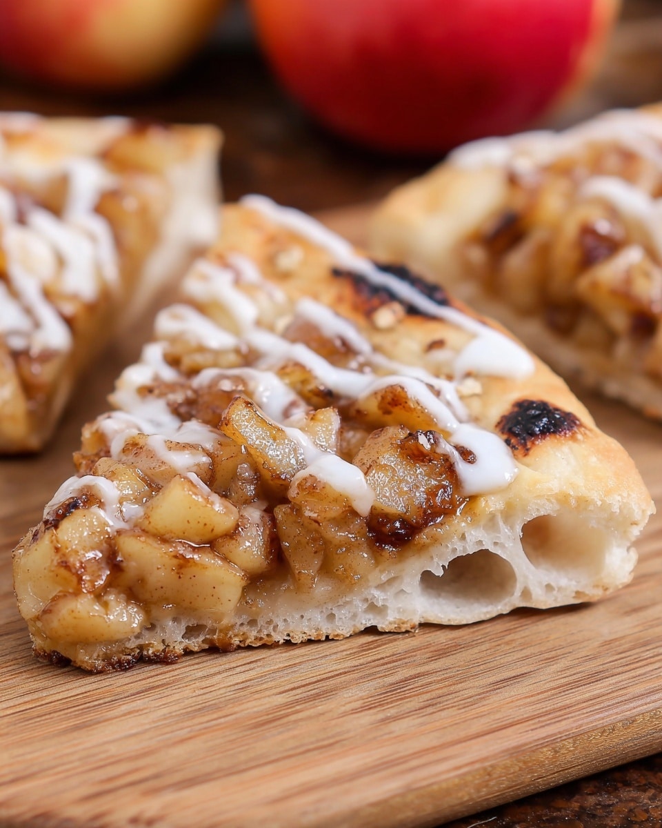 A close-up view of a single slice of pizza on a wooden surface showing three distinct layers: the bottom layer is a thick light beige crust with visible air pockets and a soft, airy texture; the middle layer is topped with a caramel colored, chunky apple mixture with small pieces and glossy juice, sprinkled with bits of golden-brown toasted oats; the top layer is drizzled with a thin white cream sauce scattered unevenly across the fruit topping. A second slice is blurred in the background along with a red apple, all set on a white marbled texture surface. photo taken with an iphone --ar 4:5 --v 7