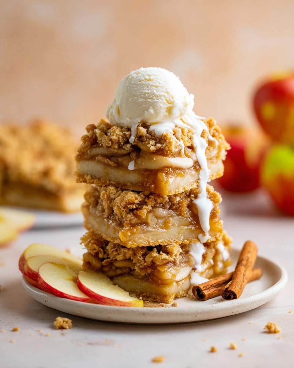 The image shows a stack of three square pieces of apple crumble on a white plate, each layer featuring light golden crumble topping mixed with small oats and a middle layer of cooked apple slices that are soft and light brown. The apple slices at the bottom are slightly visible with a pale yellow color, while the crumble layers are crumbly with a rough texture. On top of the stack, there’s a smooth, round scoop of white ice cream melting slightly, with golden caramel syrup pouring down over the ice cream and crumbly layers, dripping down the sides. The plate is on a white marbled surface, with cinnamon sticks and fresh apple slices placed around. photo taken with an iphone --ar 4:5 --v 7