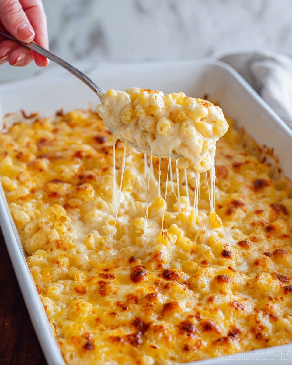 The image shows a close-up of a white baking dish filled with macaroni and cheese. The top layer is a golden-brown melted cheese with some toasted spots, creating a bubbly and creamy texture. Below the top is a thick, creamy layer of white cheese sauce mixed with elbow macaroni, visible in the lower part of the dish. A silver spoon lifts a portion of the macaroni, showing long, stretchy cheese strands between the spoon and the dish. The background is softly blurred with a white marbled surface below. Photo taken with an iphone --ar 4:5 --v 7