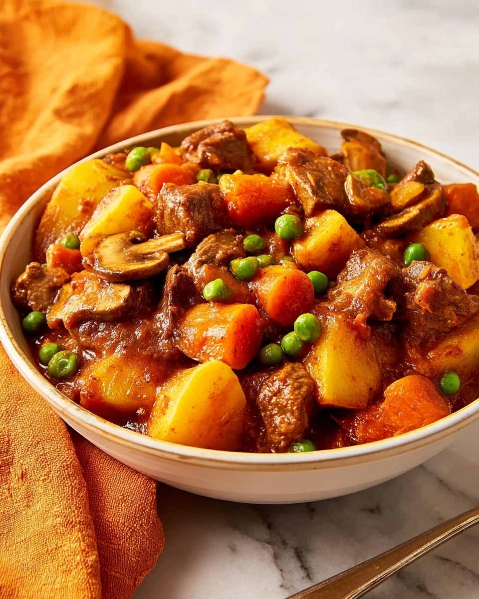 The image shows several clear glass bowls arranged on a white marbled surface. The top left bowl contains bright orange carrot pieces, the top middle bowl holds small red tomato paste, next to a small bowl with red chili flakes and a small transparent container with olive oil. To the right is a larger bowl filled with raw red beef chunks. Below the beef are fresh green peas in a clear bowl and next to it, cubed yellow potatoes in another clear bowl. On the bottom left are thinly sliced white onion pieces in a bowl, and next to it, a bowl filled with sliced white mushrooms. A small container with dried herbs and two green leaves are also visible near the top left corner. A dark bottle sits behind the potatoes. The scene is lit well and looks clean and fresh photo taken with an iphone --ar 4:5 --v 7