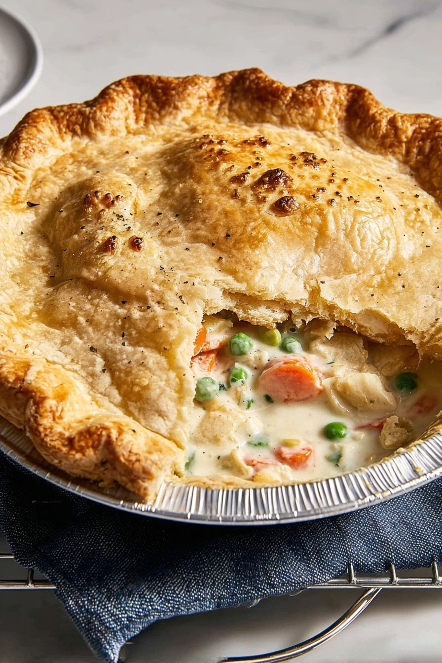 A golden brown pie with a thick, flaky crust that is slightly puffed with small bubble textures on top, sitting in a shiny foil pie dish on a white plate. The crust edge is crimped in a wave pattern all around. A section of the crust is broken on one side, revealing two layers beneath: a creamy white sauce filling with visible black pepper specks, bright green peas, and orange carrot slices. The pie rests on a dark blue cloth on a silver wire rack over a white marbled surface. Photo taken with an iphone --ar 4:5 --v 7