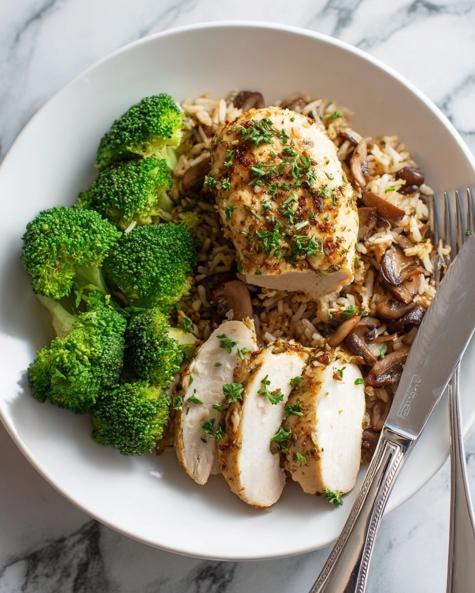 A white plate with three bright green broccoli florets on the left side. Next to the broccoli is a layer of mixed rice with pieces of cooked brown mushrooms that look soft and a little glossy. On top of the rice, there is a cooked chicken piece with a light brown crust and green herb bits sprinkled on it. Two slices of the chicken are cut and lying beside the main piece, showing the white inside. A silver fork sits under the broccoli, and a silver knife rests on the top right of the plate. The plate is placed on a white marbled surface. Photo taken with an iphone --ar 4:5 --v 7
