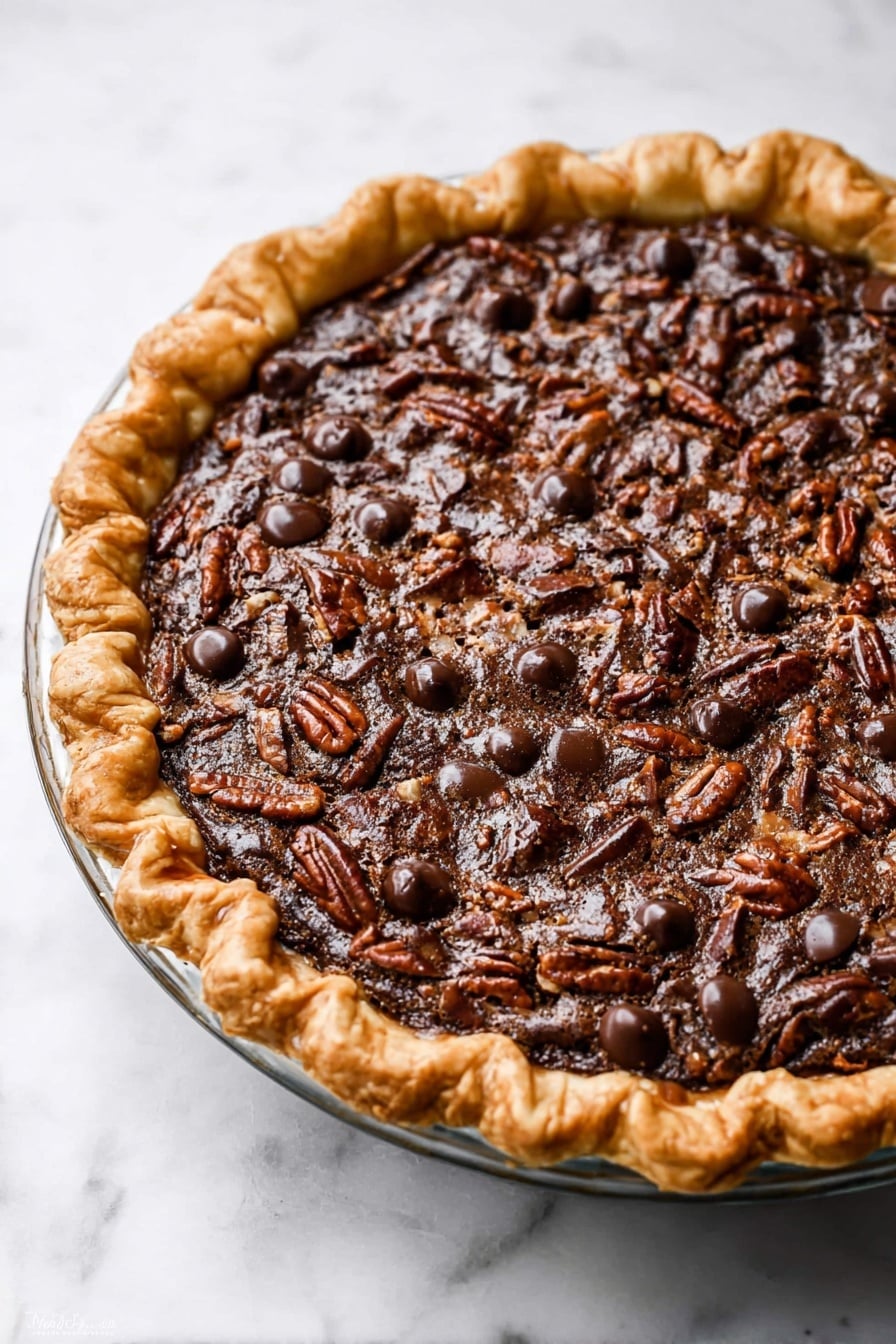 A round pie with a golden brown, thick crust that is crimped around the edges sits in a clear glass pie dish, placed on a white marbled surface. Inside the pie, the top layer is covered with a mix of toasted pecan halves and melted dark chocolate chips, scattered unevenly, adding a rough, textured look with different shades of brown. There are some shiny salt flakes sprinkled over the top, adding small white highlights. The pie filling underneath the nuts and chocolate looks moist and rich, slightly darker brown and nicely baked. Photo taken with an iphone --ar 4:5 --v 7