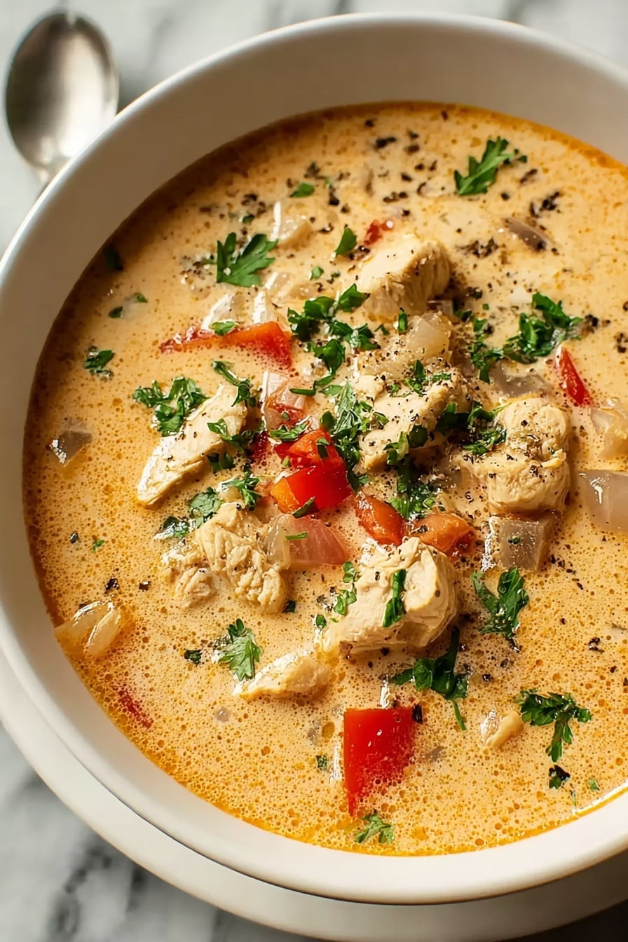 A white bowl filled with creamy soup that has a light orange color with visible small bubbles on the surface. There are several chunks of light brown cooked chicken pieces scattered throughout the soup, along with small bright orange slices of carrot and bits of green parsley on top. The soup also has small dark specks, likely pepper, sprinkled on the chicken and around the bowl. The bowl sits on a white marbled surface. photo taken with an iphone --ar 4:5 --v 7