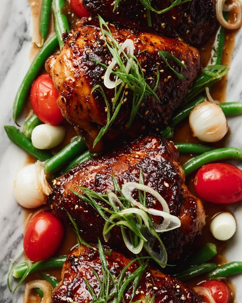 The image shows three pieces of dark brown glazed chicken with a shiny, slightly crisp look, arranged closely side by side on a white marbled surface. Each piece is topped with thinly sliced green and white scallion curls, adding a fresh contrast to the dark chicken. Around the chicken, there are different vegetables, including green beans, small round white onions, cherry tomatoes, and green bell pepper slices, scattered casually. The chicken and vegetables sit in a light brown sauce that gives a moist and flavorful feel to the dish. Photo taken with an iphone --ar 4:5 --v 7